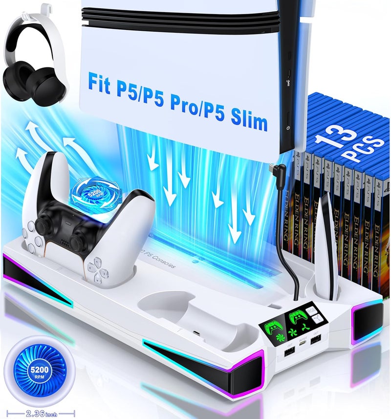 Kawaye حامل PS5 محطة تبريد PS5 لجهاز بلاي ستيشن 5/برو/سليم، ملحقات PS5 حامل عمودي مع مروحة تبريد كبيرة 2.36 بوصة، ضوء RGB، شاحن مزدوج لوحدات التحكم، حامل سماعة رأس، 3 منافذ شحن - Image 1